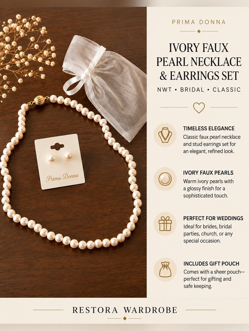 Prima Donna Faux Pearl Necklace Earrings Set Ivory NWT Bridal